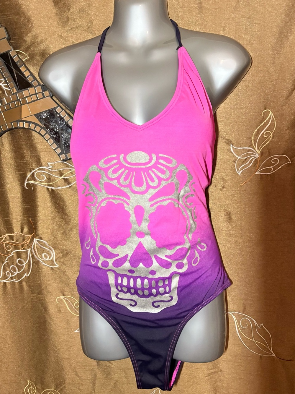 Hot Topic Pink to Purple Ombre One-Piece Swimsuit with Silver Skull